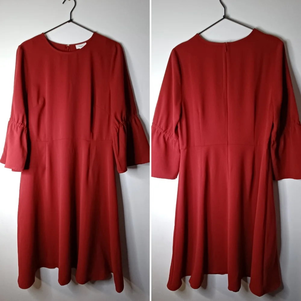 J.Jill Christian Siriano Fit and Flare Bell Sleeve Dress Ruby Red Womens 10 / M